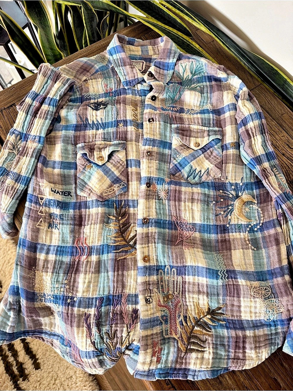 Johnny Was_Workshop Plaid Embroidered Shirt in Blue Celestial_ Size Small Like N